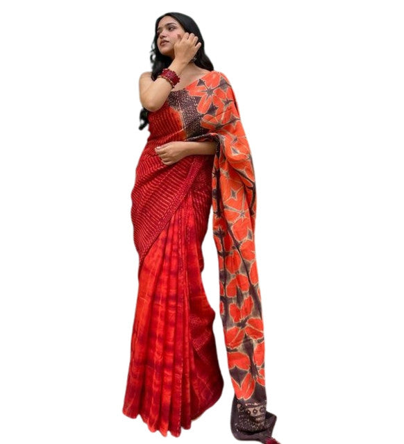 Generic Women's Linen Floral Printed Saree With Unstitched Blouse - 5.5 Mtr (Red-Orange)