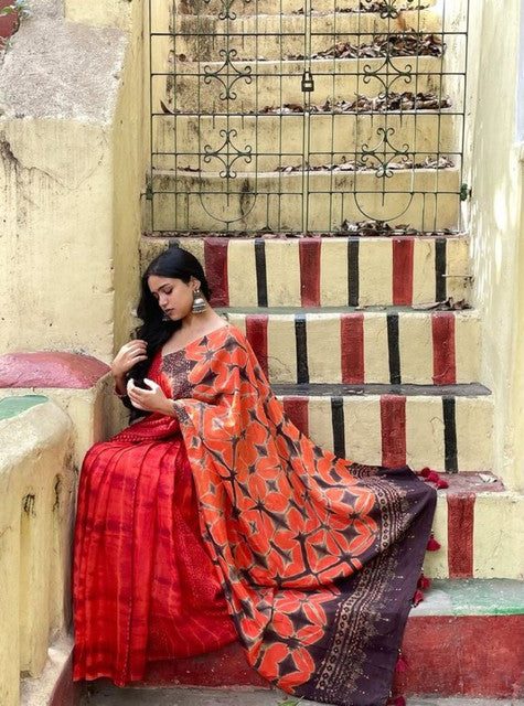 Generic Women's Linen Floral Printed Saree With Unstitched Blouse - 5.5 Mtr (Red-Orange)