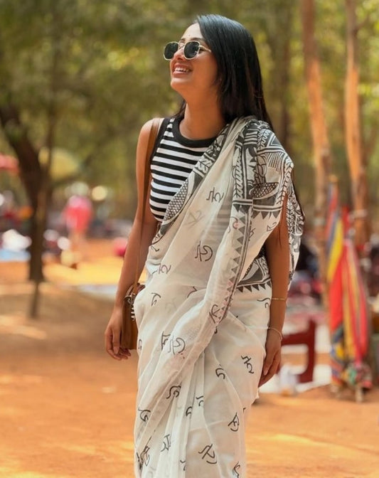 Generic Women's Linen Kalamkari Printed Saree With Unstitched Blouse - 5.5 Mtr (White-Black)