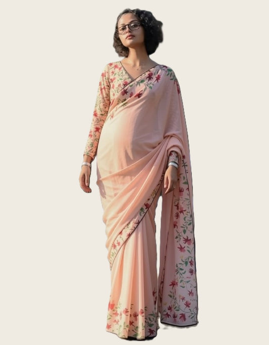 Generic Women's Linen Floral Printed Saree With Unstitched Blouse - 5.5 Mtr (Peach)