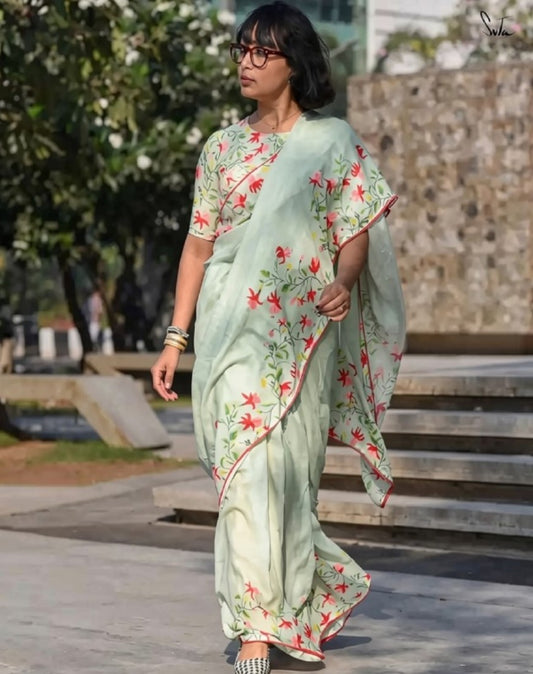 Generic Women's Linen Floral Printed Saree With Unstitched Blouse - 5.5 Mtr (Light Green)