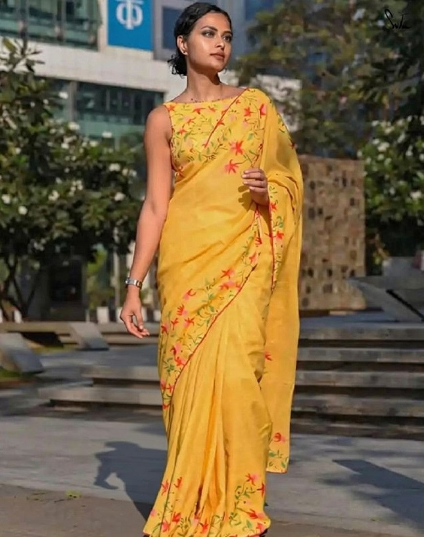 Generic Women's Linen Floral Printed Saree With Unstitched Blouse - 5.5 Mtr (Yellow)