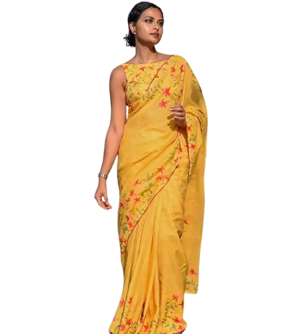 Generic Women's Linen Floral Printed Saree With Unstitched Blouse - 5.5 Mtr (Yellow)
