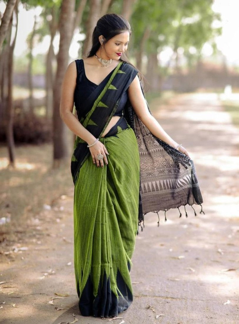 Generic Women's Linen Kalamkari Printed Saree With Unstitched Blouse - 5.5 Mtr (Olive Green-Black)