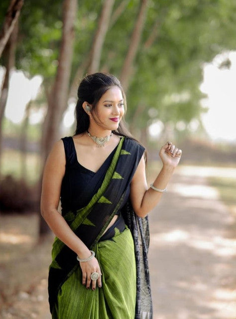 Generic Women's Linen Kalamkari Printed Saree With Unstitched Blouse - 5.5 Mtr (Olive Green-Black)