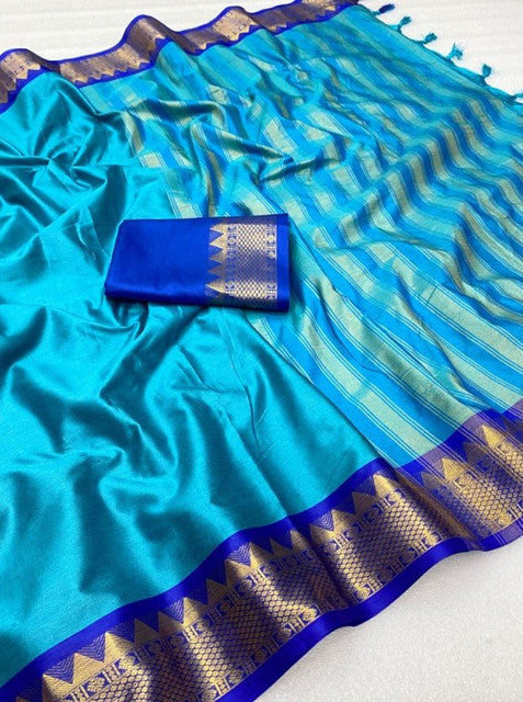 Generic Women's Cotton Silk Striped Saree With Unstitched Blouse - 5.5 Mtr (Teal-Royal Blue)