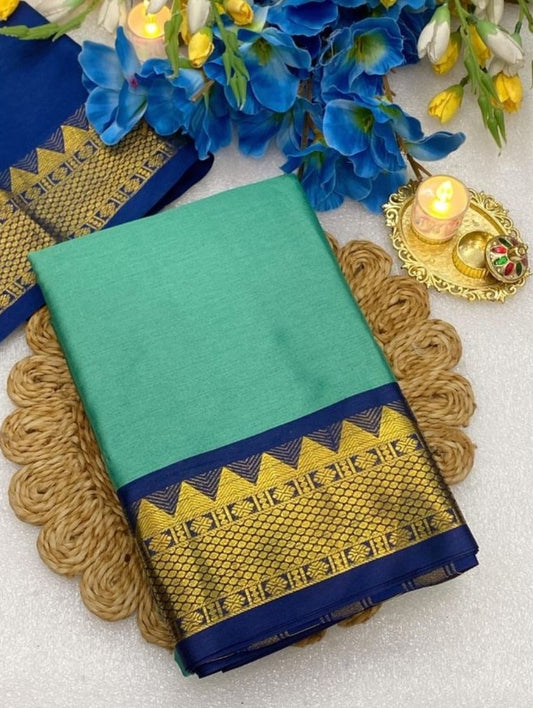 Generic Women's Cotton Silk Striped Saree With Unstitched Blouse - 5.5 Mtr (Sea Green-Royal Blue)