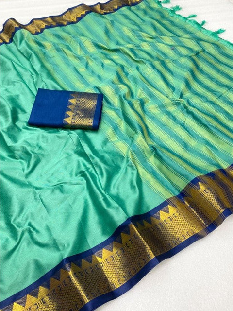 Generic Women's Cotton Silk Striped Saree With Unstitched Blouse - 5.5 Mtr (Sea Green-Royal Blue)