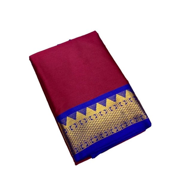 Generic Women's Cotton Silk Striped Saree With Unstitched Blouse - 5.5 Mtr (Maroon-Royal Blue)