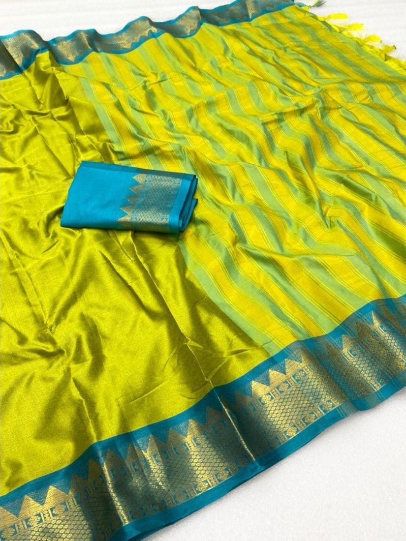 Generic Women's Cotton Silk Striped Saree With Unstitched Blouse - 5.5 Mtr (Lemon Yellow-Teal Blue)