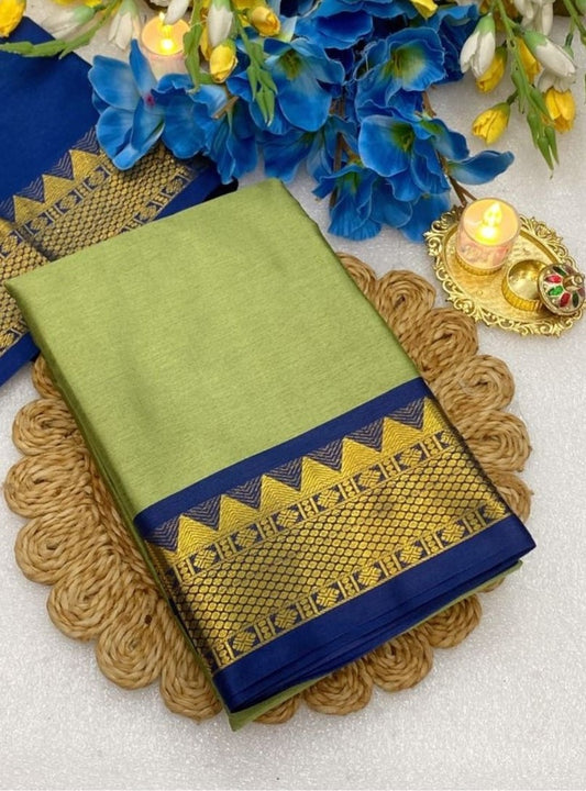 Generic Women's Cotton Silk Striped Saree With Unstitched Blouse - 5.5 Mtr (Pista Green-Blue)