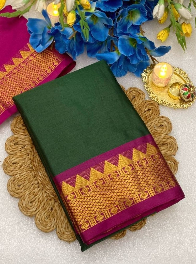 Generic Women's Cotton Silk Striped Saree With Unstitched Blouse - 5.5 Mtr (Dark Green-Magenta)