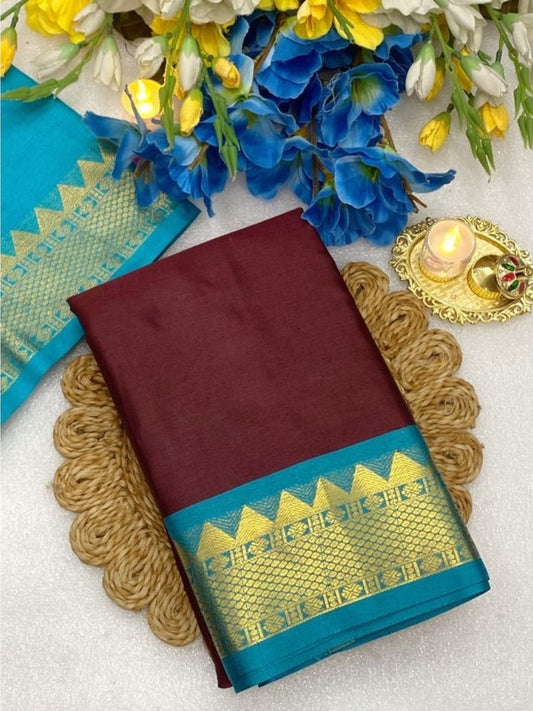 Generic Women's Cotton Silk Striped Saree With Unstitched Blouse - 5.5 Mtr (Maroon-Turquoise)