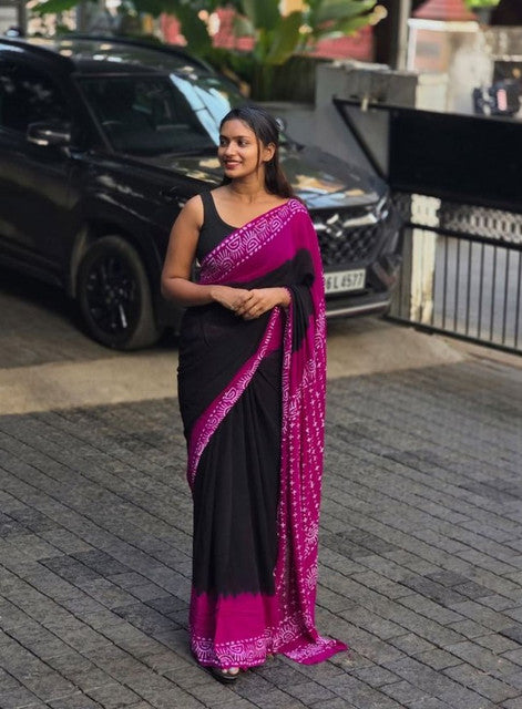 Generic Women's Linen Printed Saree With Unstitched Blouse - 5.5 Mtr (Black-Pink)
