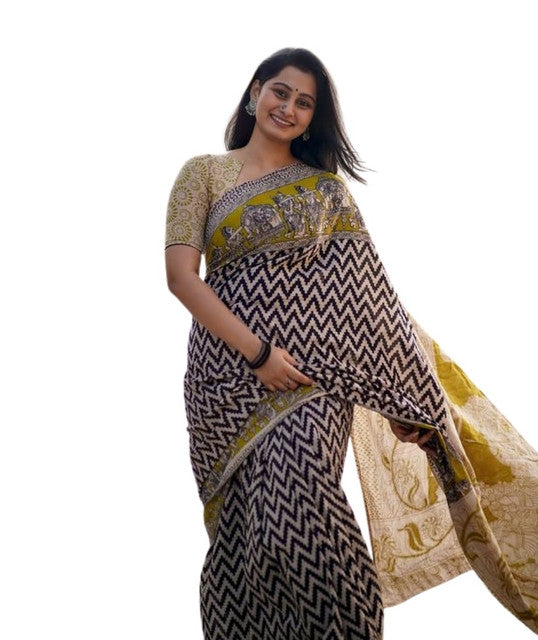 Generic Women's Linen Kalamkari Printed Saree With Unstitched Blouse - 5.5 Mtr (Purple)