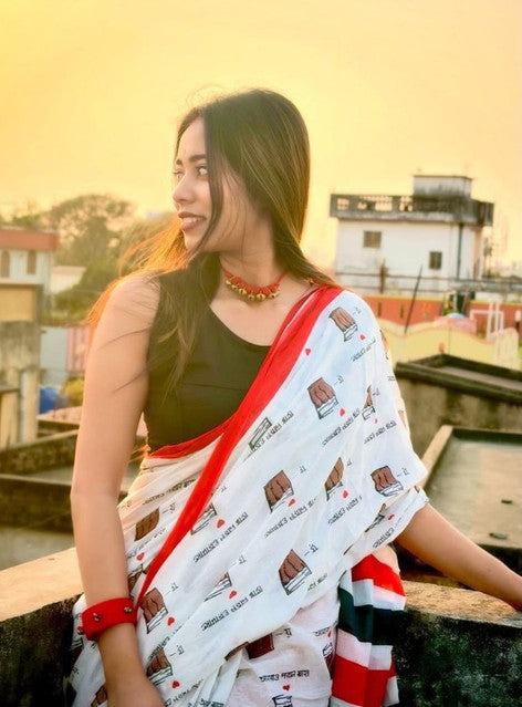 Generic Women's Linen Printed Saree With Unstitched Blouse - 5.5 Mtr (White-Red)