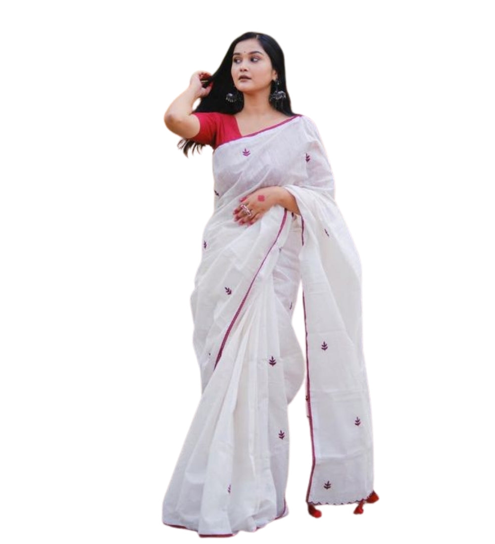 Generic Women's Linen Embroidered Saree With Unstitched Blouse - 5.5 Mtr (White-Red)