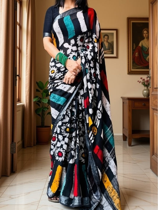 Generic Women's Linen Floral Printed Saree With Unstitched Blouse - 5.5 Mtr (Multicolor)