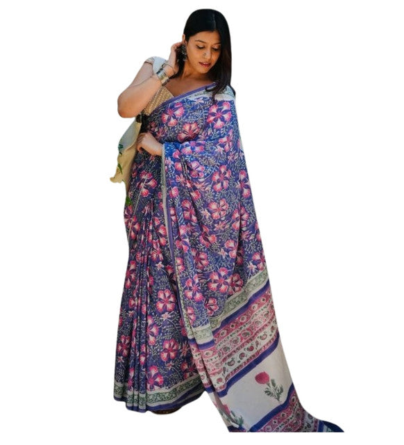 Generic Women's Linen Floral Printed Saree With Unstitched Blouse - 5.5 Mtr (Multicolor)