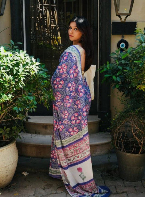 Generic Women's Linen Floral Printed Saree With Unstitched Blouse - 5.5 Mtr (Multicolor)