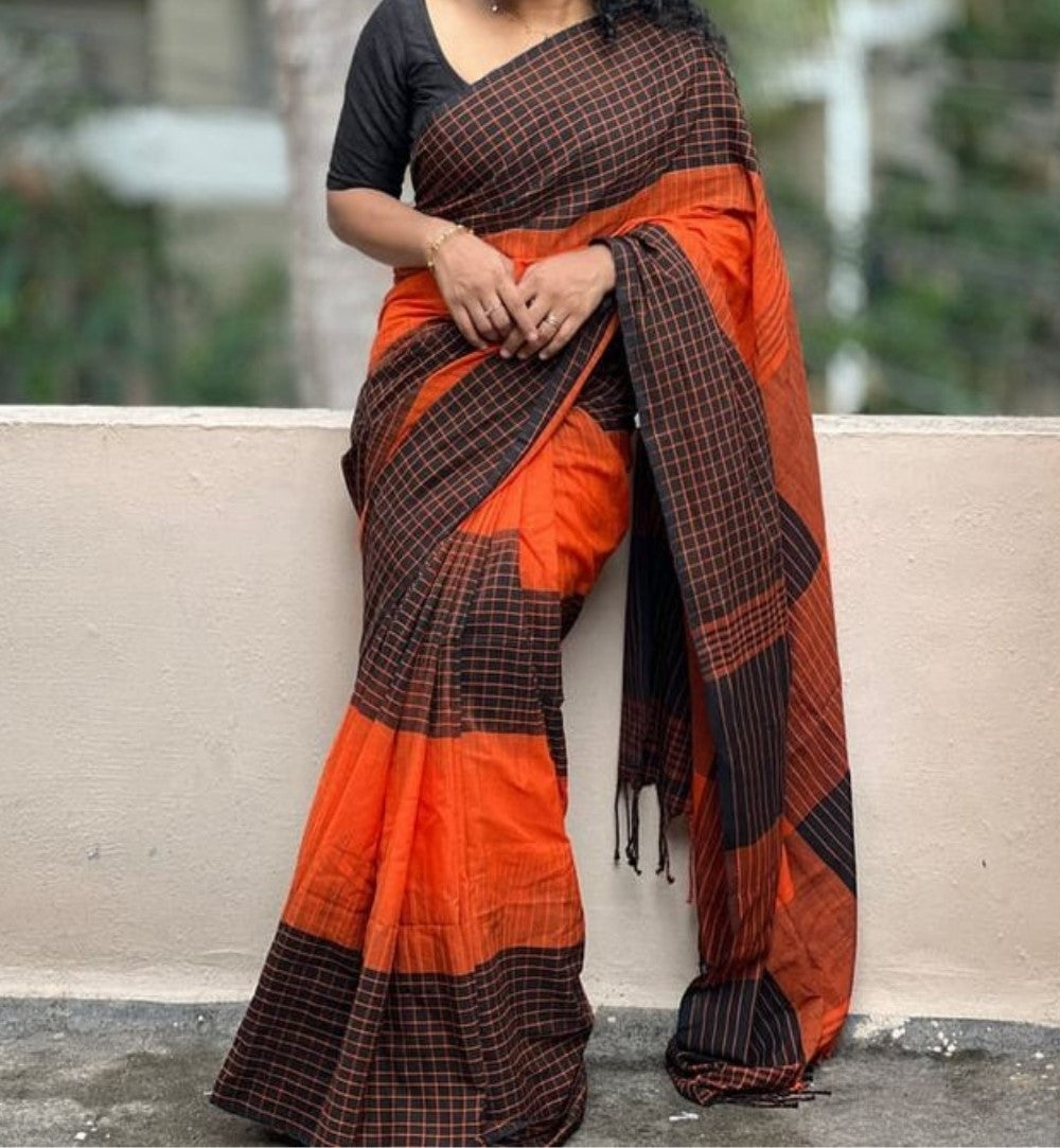 Generic Women's Linen Checkered Saree With Unstitched Blouse - 5.5 Mtr (Orange-Black)