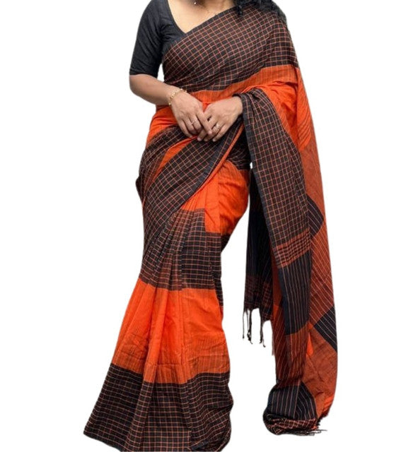 Generic Women's Linen Checkered Saree With Unstitched Blouse - 5.5 Mtr (Orange-Black)