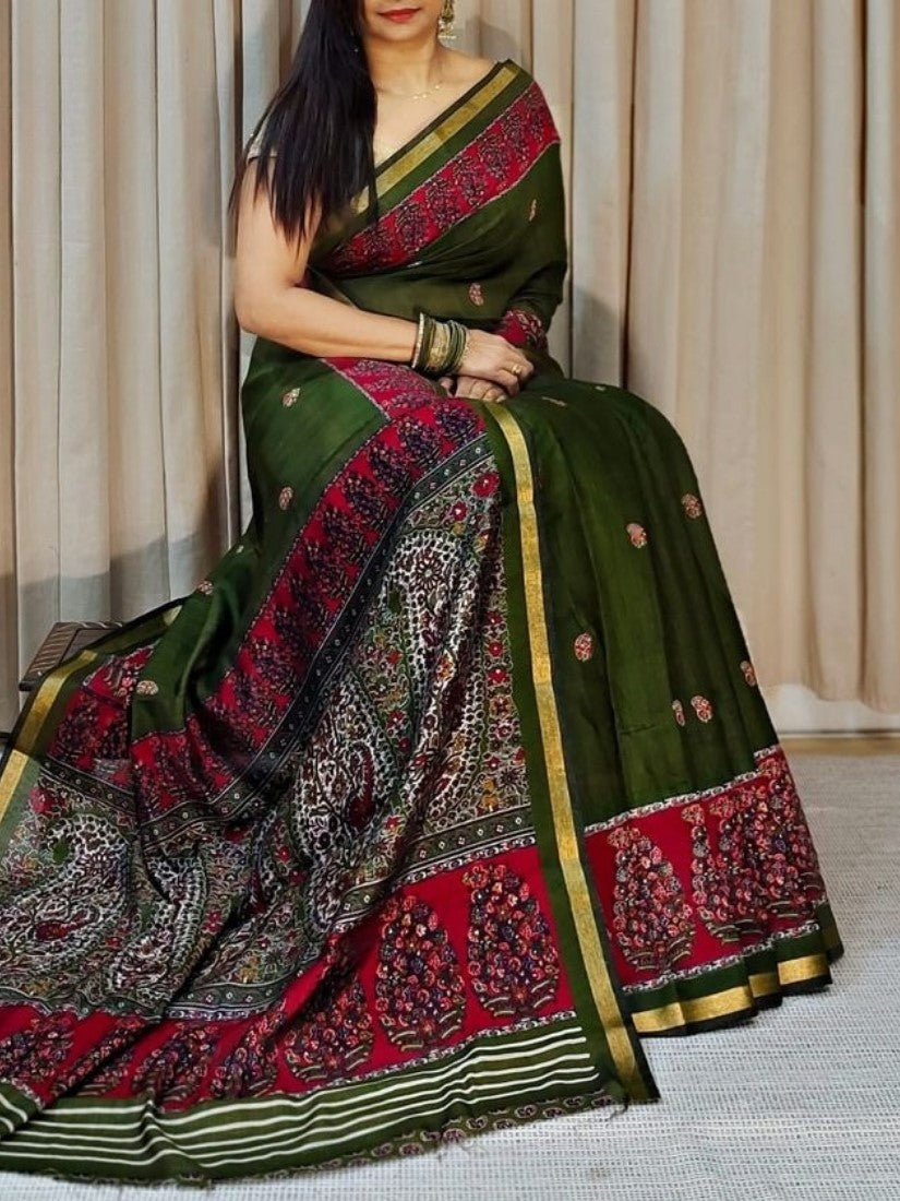 Generic Women's Linen Kalamkari Printed Saree With Unstitched Blouse - 5.5 Mtr (Green-Pink)