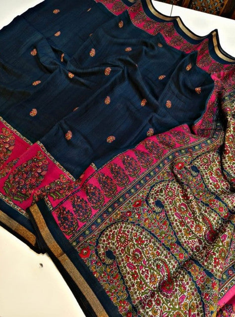 Generic Women's Linen Kalamkari Printed Saree With Unstitched Blouse - 5.5 Mtr (Navy Blue- Pink)