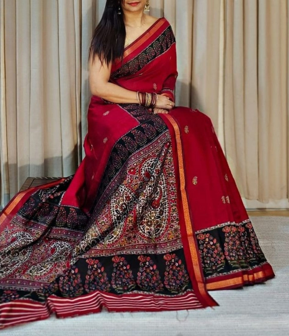Generic Women's Linen Kalamkari Printed Saree With Unstitched Blouse - 5.5 Mtr (Red-Navy Blue)