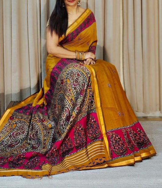 Generic Women's Linen Kalamkari Printed Saree With Unstitched Blouse - 5.5 Mtr (Mustard-Yellow-Magenta)