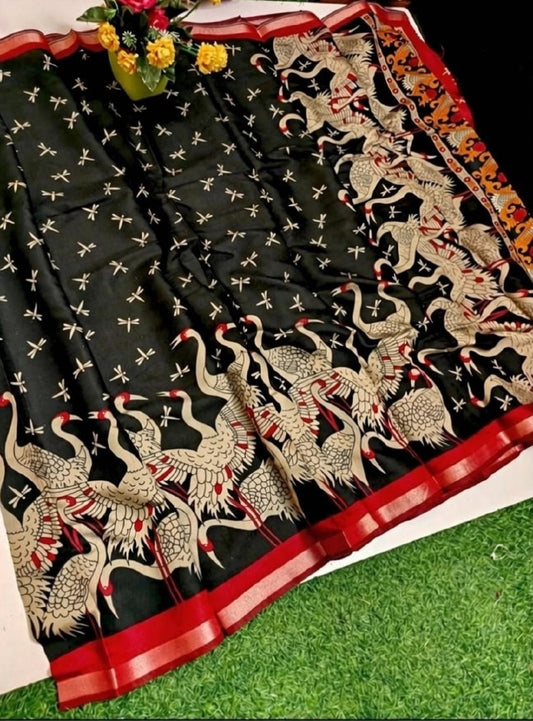 Generic Women's Linen Kalamkari Printed Saree With Unstitched Blouse - 5.5 Mtr (Black-Red)