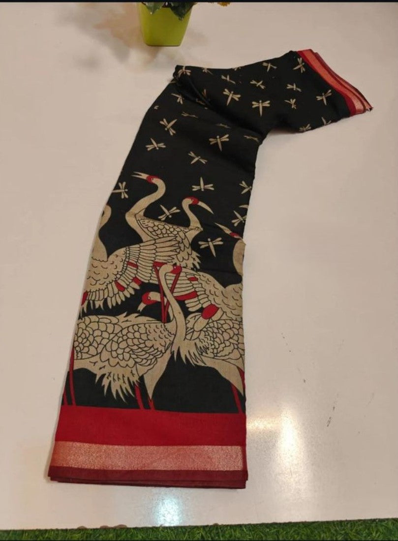Generic Women's Linen Kalamkari Printed Saree With Unstitched Blouse - 5.5 Mtr (Black-Red)