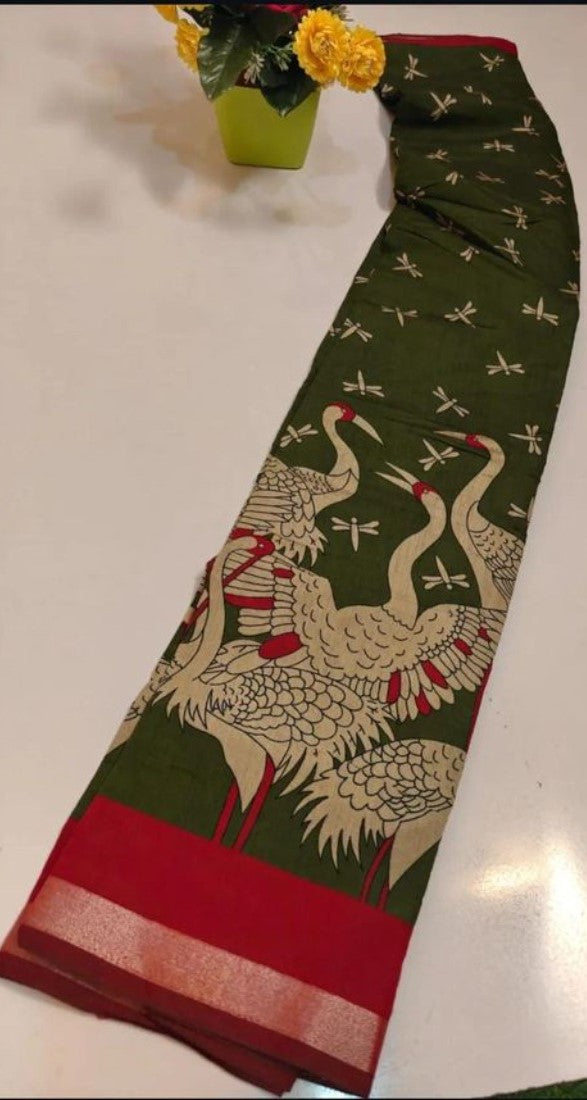 Generic Women's Linen Kalamkari Printed Saree With Unstitched Blouse - 5.5 Mtr (Olive Green-Red)