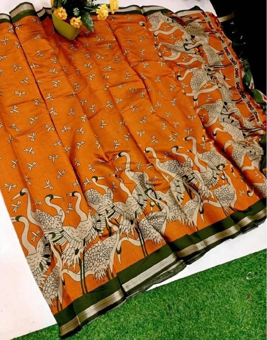 Generic Women's Linen Kalamkari Printed Saree With Unstitched Blouse - 5.5 Mtr (Orange-Green)