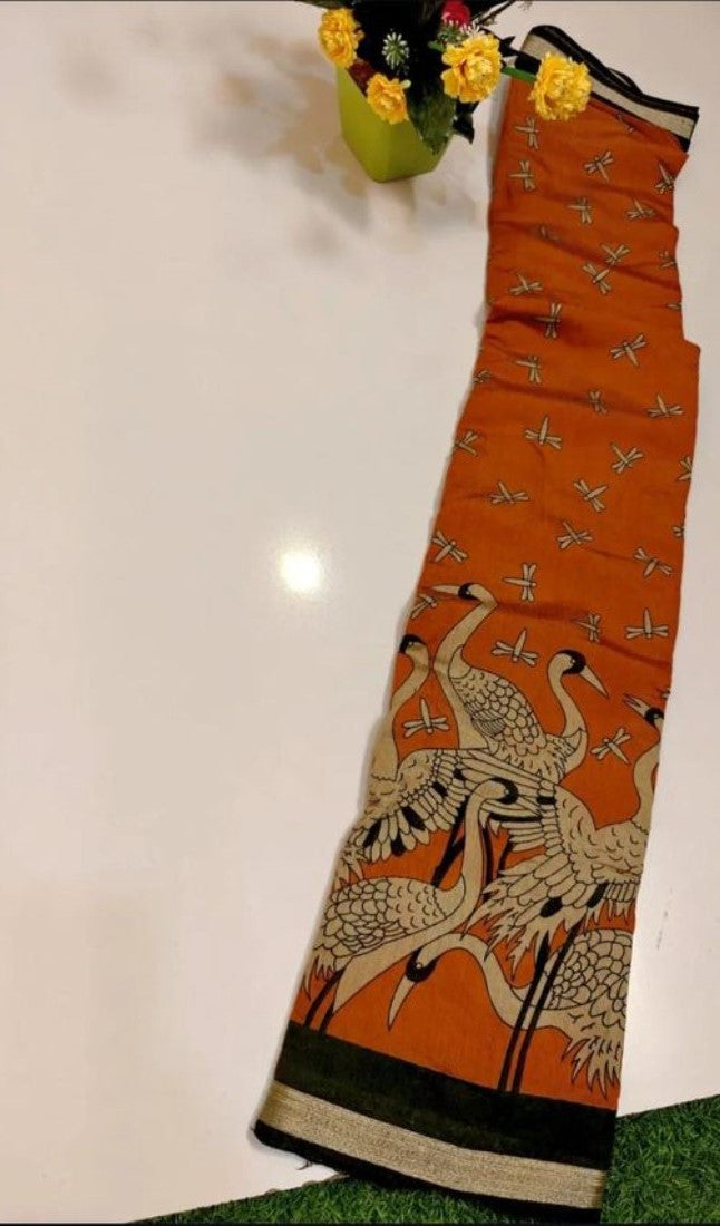 Generic Women's Linen Kalamkari Printed Saree With Unstitched Blouse - 5.5 Mtr (Orange-Green)