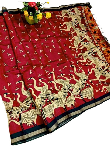 Generic Women's Linen Kalamkari Printed Saree With Unstitched Blouse - 5.5 Mtr (Red-Navy Blue)