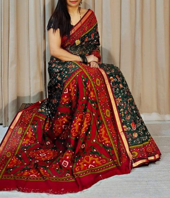 Generic Women's Linen Printed Saree With Unstitched Blouse - 5.5 Mtr (Green-Red)