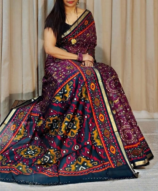 Generic Women's Linen Printed Saree With Unstitched Blouse - 5.5 Mtr (Purple-Navy Blue)
