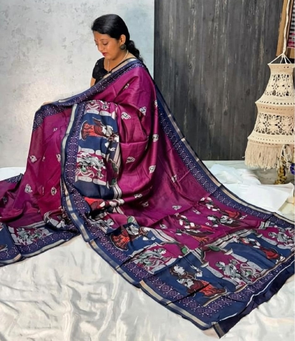 Generic Women's Linen Kalamkari Printed Saree With Unstitched Blouse - 5.5 Mtr (Magenta-Navy Blue)