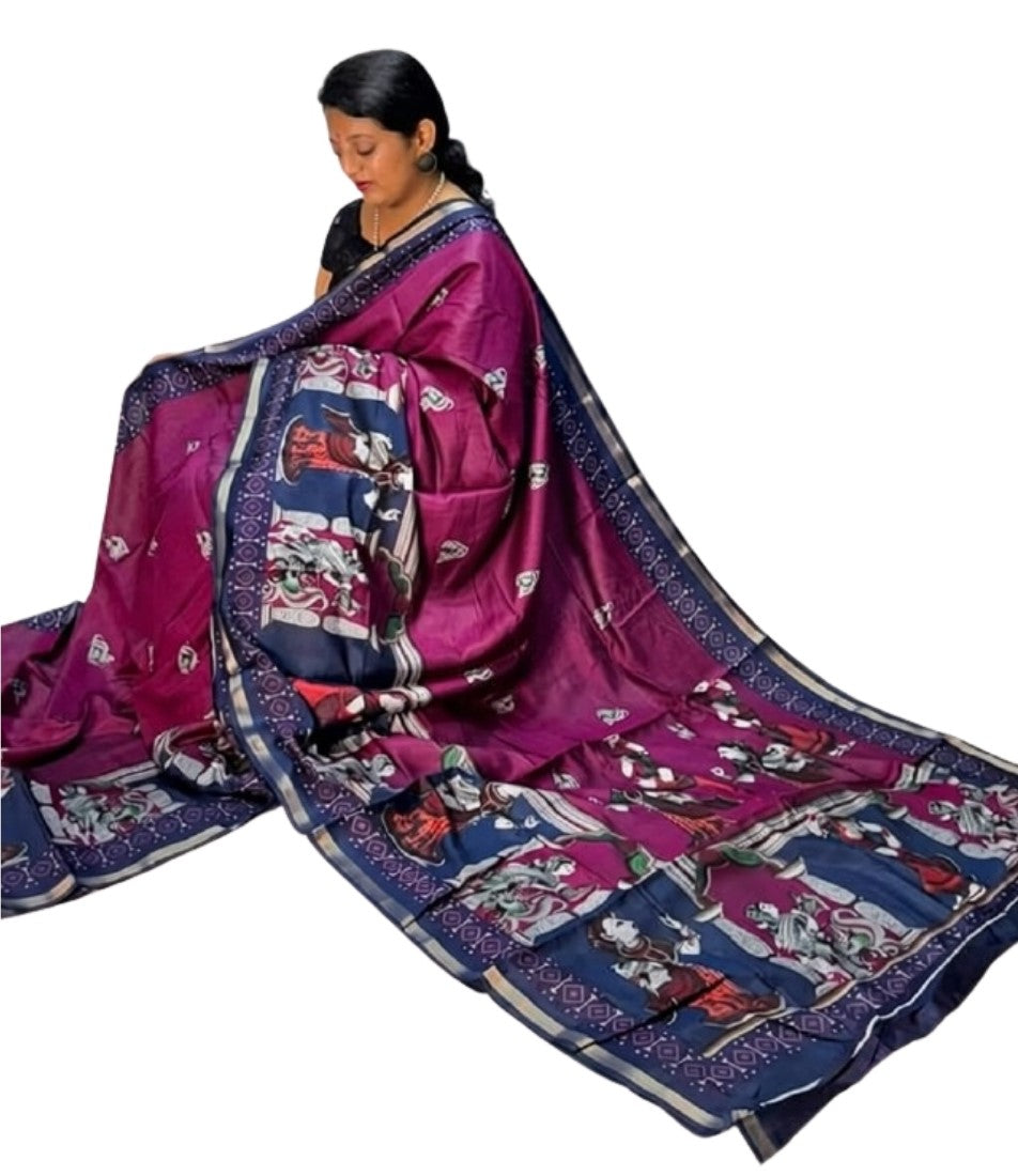 Generic Women's Linen Kalamkari Printed Saree With Unstitched Blouse - 5.5 Mtr (Magenta-Navy Blue)
