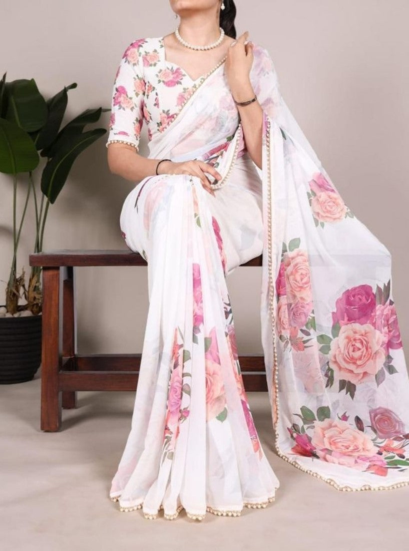 Generic Women's Georgette Floral Printed Saree With Unstitched Blouse - 5.5 Mtr (White)