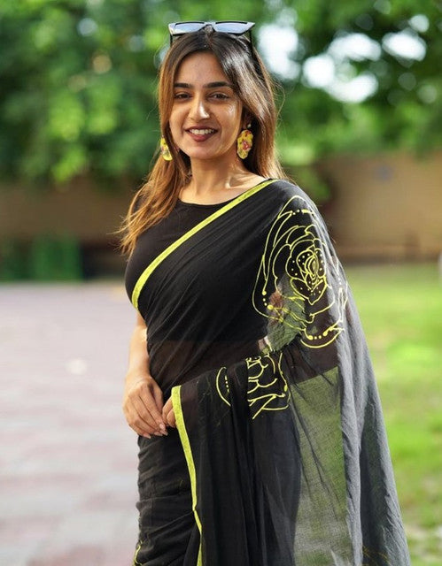 Generic Women's Linen Floral Printed Saree With Unstitched Blouse - 5.5 Mtr (Black)