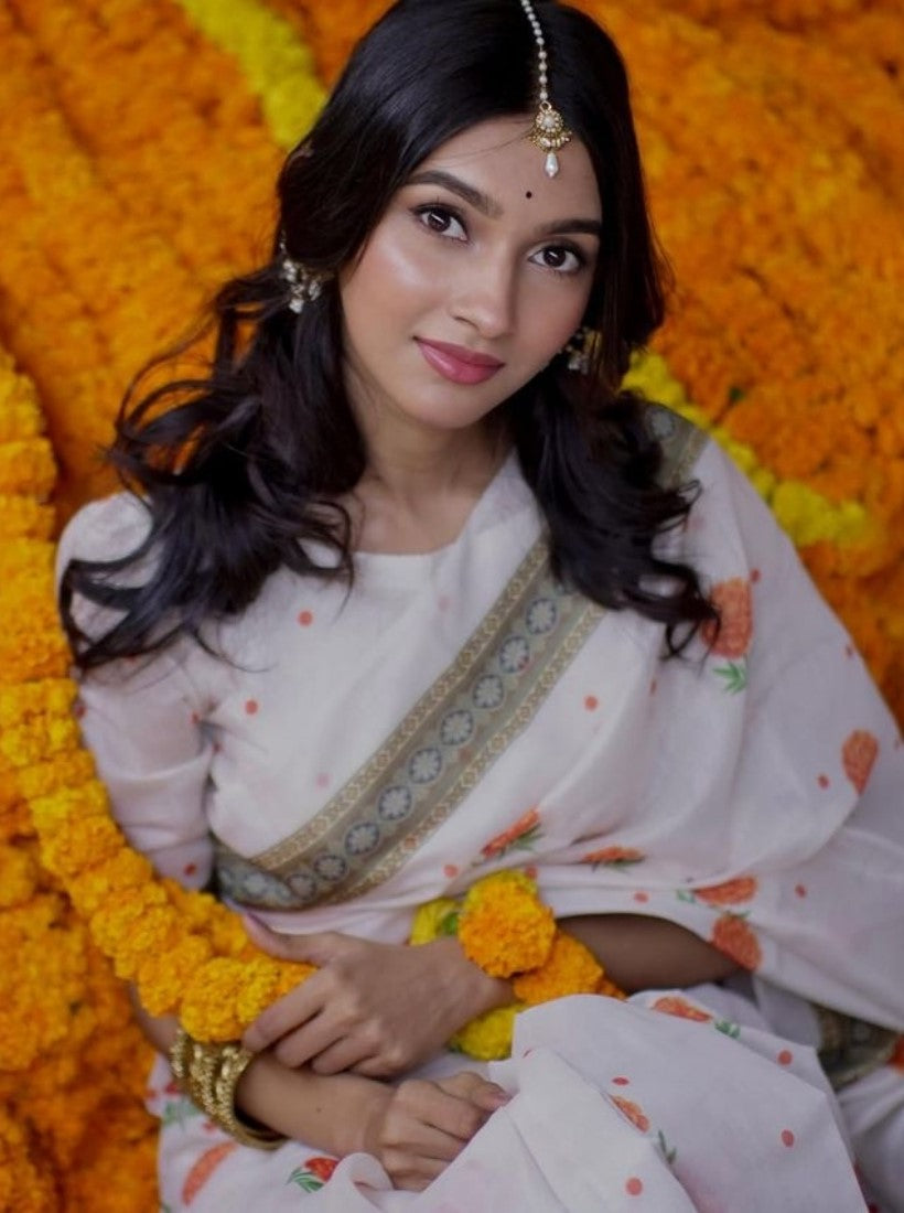 Generic Women's Linen Floral Printed Saree With Unstitched Blouse - 5.5 Mtr (White-Orange)
