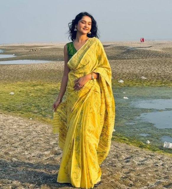 Generic Women's Linen Floral Printed Saree With Unstitched Blouse - 5.5 Mtr (Yellow)
