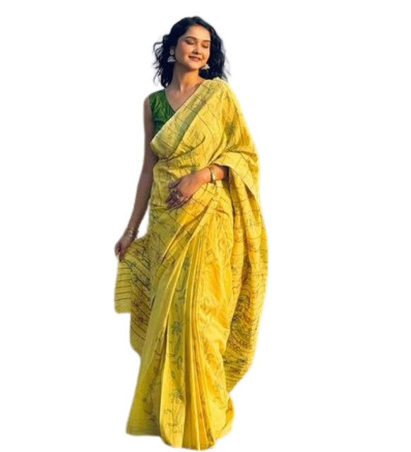 Generic Women's Linen Floral Printed Saree With Unstitched Blouse - 5.5 Mtr (Yellow)