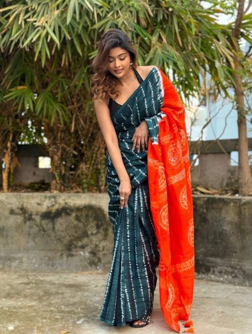 Generic Women's Linen Printed Saree With Unstitched Blouse - 5.5 Mtr (Teal-Orange)