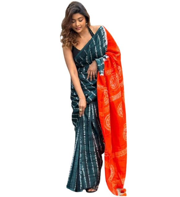 Generic Women's Linen Printed Saree With Unstitched Blouse - 5.5 Mtr (Teal-Orange)