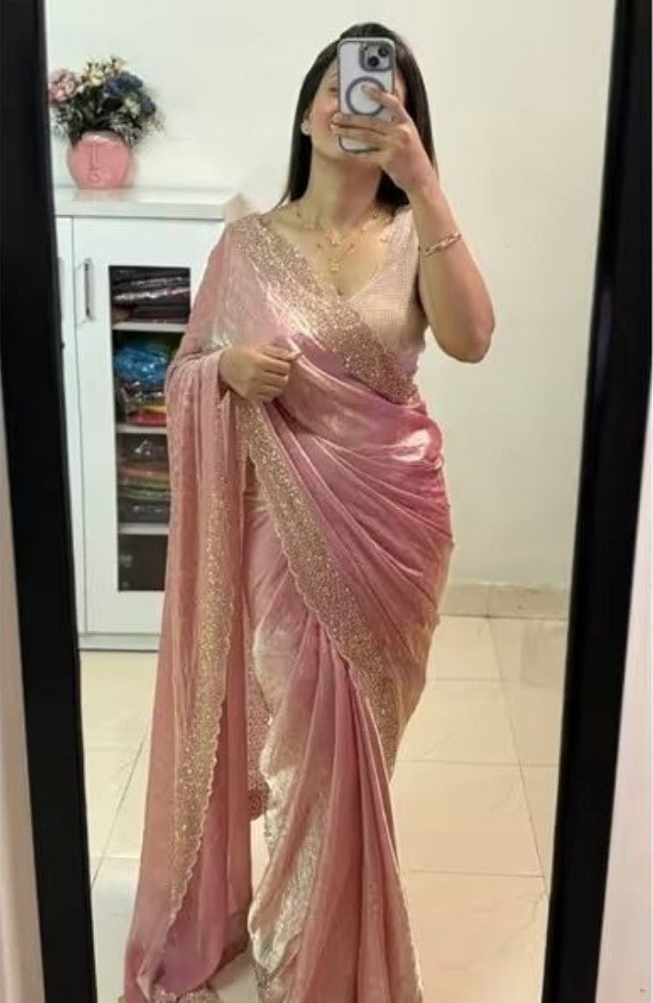 Generic Women's Fendy Chiffon Embellished Saree With Unstitched Blouse - 5.5 Mtr (Peach)