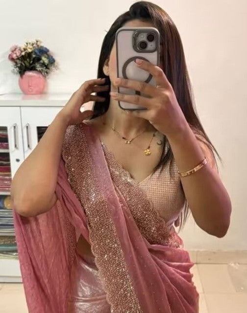 Generic Women's Fendy Chiffon Embellished Saree With Unstitched Blouse - 5.5 Mtr (Peach)