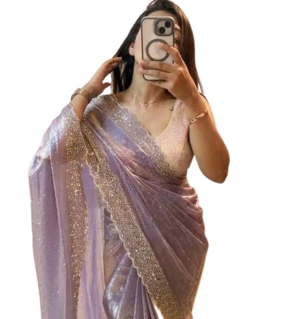 Generic Women's Fendy Chiffon Embellished Saree With Unstitched Blouse - 5.5 Mtr (Lavender)